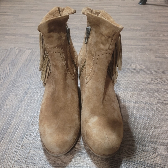 Sam Edelman Louie Western Boot Caramel Brown Suede Fringe US Size 9 Block Heel - Picture 8 of 12